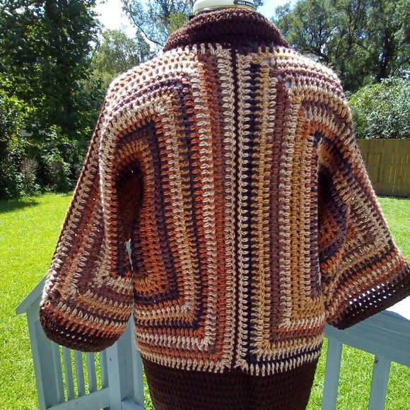Hand crafted crochet hexagon cardigan, size Large, color brown, tan and rust. - Picture 2 of 6